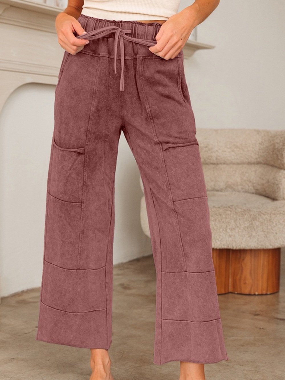 ♥️Hello Comfort! Cotton Wide-Leg Drawstring Cargo Pants- Rust